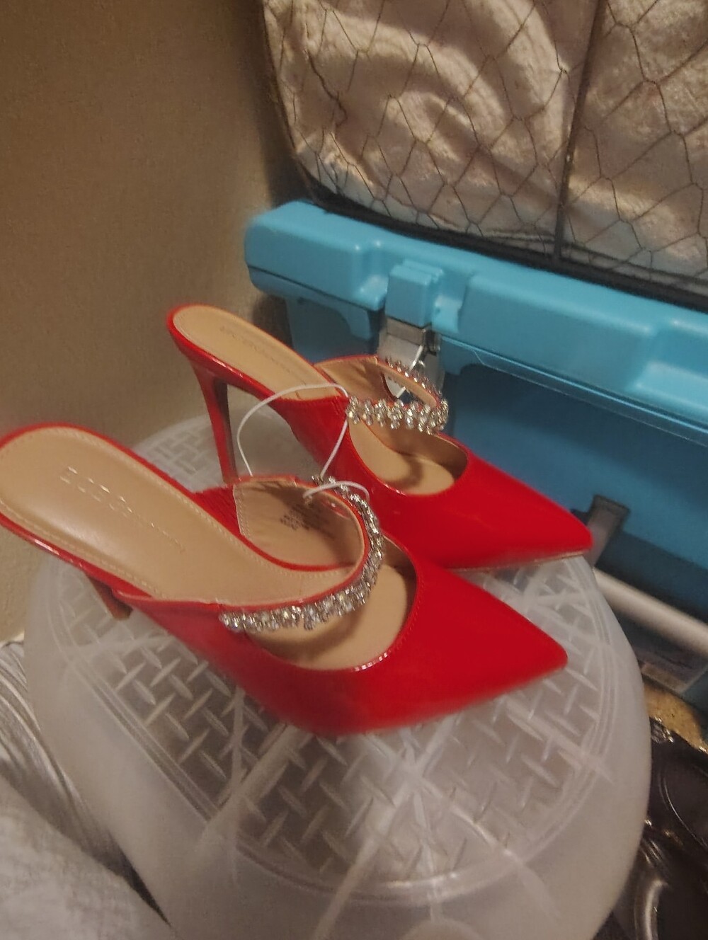 Red Embellished Pointed-Toe Mule Heels -  Women